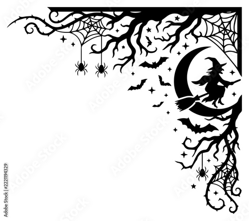 Halloween corner border with a witch on a broomstick, crescent moon, bats, and spider webs in silhouette