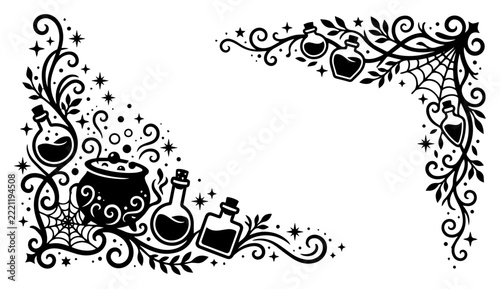 Halloween witch cauldron and potion bottle corner border with cobwebs and magical swirls