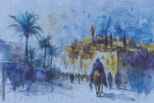 Abstract Painting of Christ riding a donkey to Jerusalem on Natural Linen Fabric Texture, Artistic religious Background