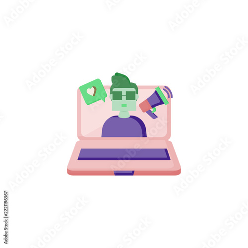 Flat vector laptop with person, heart chat bubble, and megaphone icons, symbolizing online communication, social media interaction, and digital content creation.