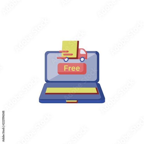 Flat vector laptop with delivery truck and package, symbolizing free shipping, online shopping convenience, and e-commerce promotions.