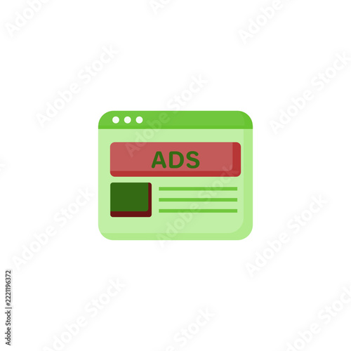 Flat vector web browser window with ad section, representing digital marketing, online advertising, and website monetization concepts.