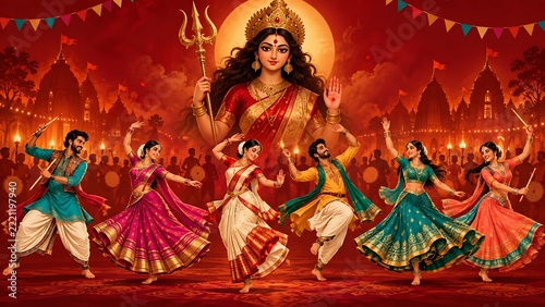 People dancing garba dandiya in traditional attire celebrating navratri festival with goddess durga backdrop banner vector illustration artwork