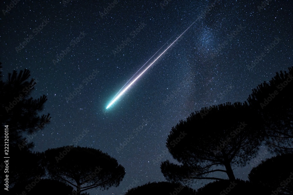 Fototapeta premium Bright meteor streaks across dark starry night sky. Shooting star moves fast through cosmos above forest trees. Celestial event happens in remote nature location. Beautiful light trail glows in deep