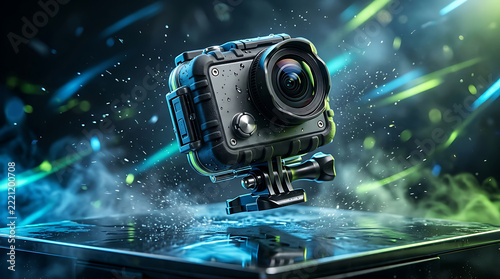 Rugged, waterproof action camera with lens and mount, surrounded by water droplets and glowing blue and green light streaks