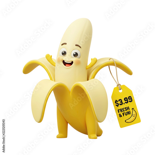 Cute Banana Character with Sale Price Tag Isolated on White Background, 3D Rendered Cartoon Fruit Mascot