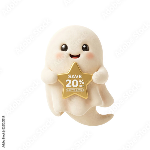 Cute 3D Ghost Character Holding a Gold Star Sale Tag with 20 Percent Off Discount Label