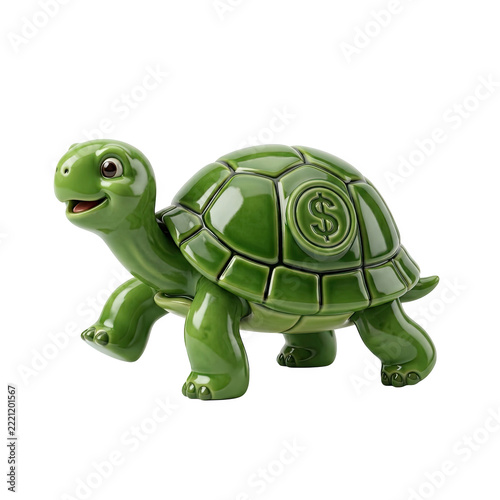 3D Green Turtle Figurine with Dollar Sign Symbol Isolated on White Background for Financial Savings Concept