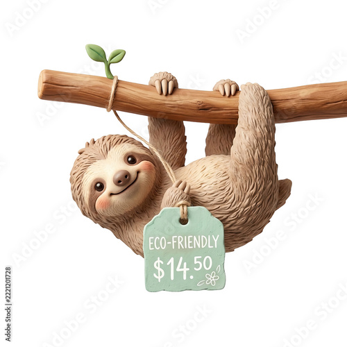 Cute 3D Sloth Hanging on Branch with Eco-Friendly Sale Price Tag Isolated on White Background
