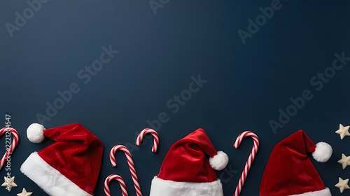 Santa hats and candy canes on dark background ,  christmas and happy new year background 