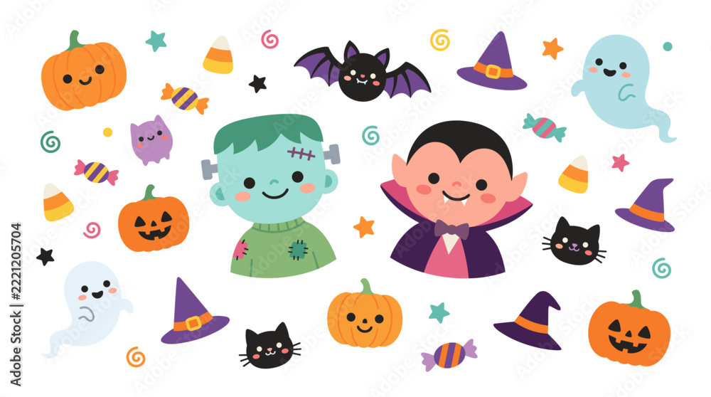 Fototapeta premium Cute kawaii halloween collection featuring flat vector illustrations of a green monster, a vampire boy, smiling ghosts, orange pumpkins, purple witch hats, and spooky candies.