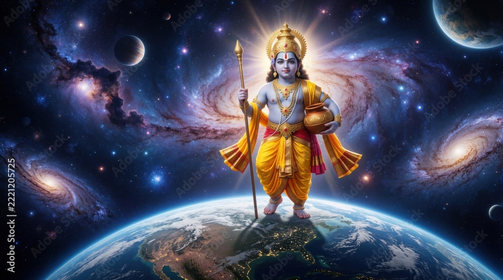 Fototapeta premium Hindu deity Vishnu stands on Earth planet in deep space galaxy. Divine god holds golden spear, pot amidst glowing nebulae, spinning stars. Cosmic supreme protects universe from celestial background