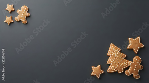 Golden gingerbread cookies set with stars and tree christmas background