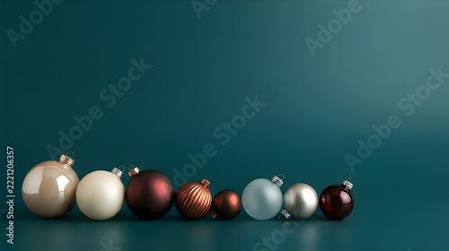 Assorted colorful Christmas ornaments on dark christmas background
