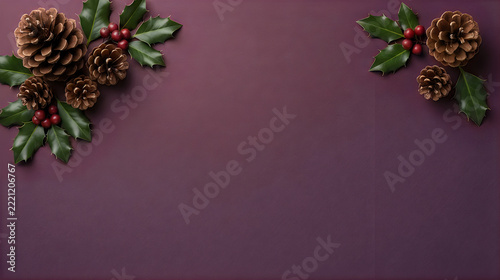 Holiday decorative pine cones with holly leaves and berries  christmas background