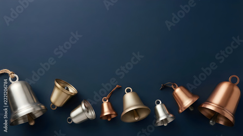 Floating metal bells against dark christmas background