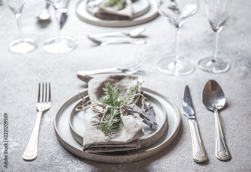 Cristmas table cutlery set with holiday decoration. Top view, copy space