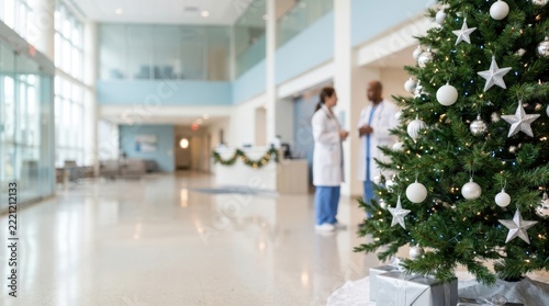 Doctors speaking beside Christmas tree in health center