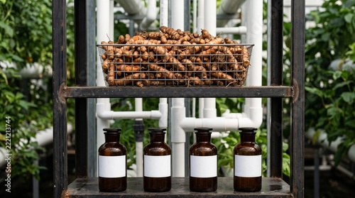 Basket of turmeric harvest above four apothecary bottles in greenhouse