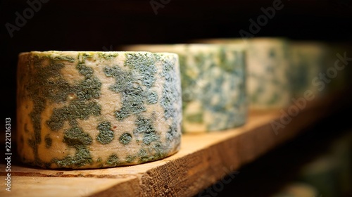 roquefort. Roquefort cheese wheels with blue mold in a cellar. menu design, packaging mockups, designed for culinary blogs and recipe cards for restaurants, used by researchers.