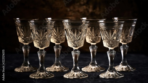 alignment. Elegant crystal wine glasses perfectly aligned, reflecting soft candlelight on a dark background. bar promotions, beverage menus, designed for food & beverage menus and cafe branding.