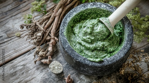 mortar. Green herbal paste in a stone mortar with dried roots beside it. menu design, packaging mockups, designed for culinary blogs and recipe cards for restaurants, used by ngo communicators.