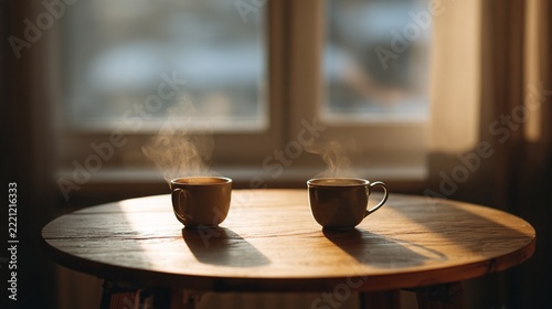opposite. A round wooden table with two cups of steaming tea placed on opposite sides, soft morning light. bar promotions, beverage menus, designed for product packaging and bar promotions.