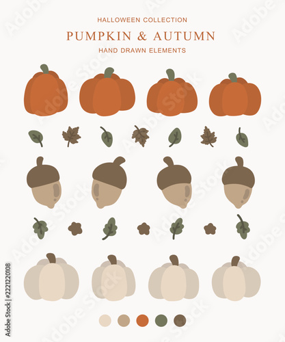 Minimal Halloween and autumn elements featuring pumpkins, acorns, leaves, and tiny stars in earthy tones for seasonal decorations, greeting cards, stickers, and autumn designs.