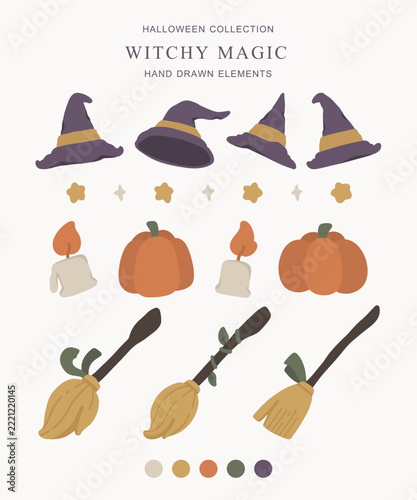Minimal witchy Halloween elements featuring witch hats, brooms, pumpkins, candles, stars, and sparkles in muted earth tones for magical illustrations, stickers, invitations, and seasonal graphics.