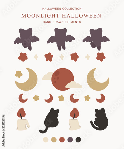 Elegant Halloween elements featuring crescent and full moons, candles, stars, sparkles, bats, and black cats in muted earth tones for celestial illustrations, mystical designs, and seasonal stationery