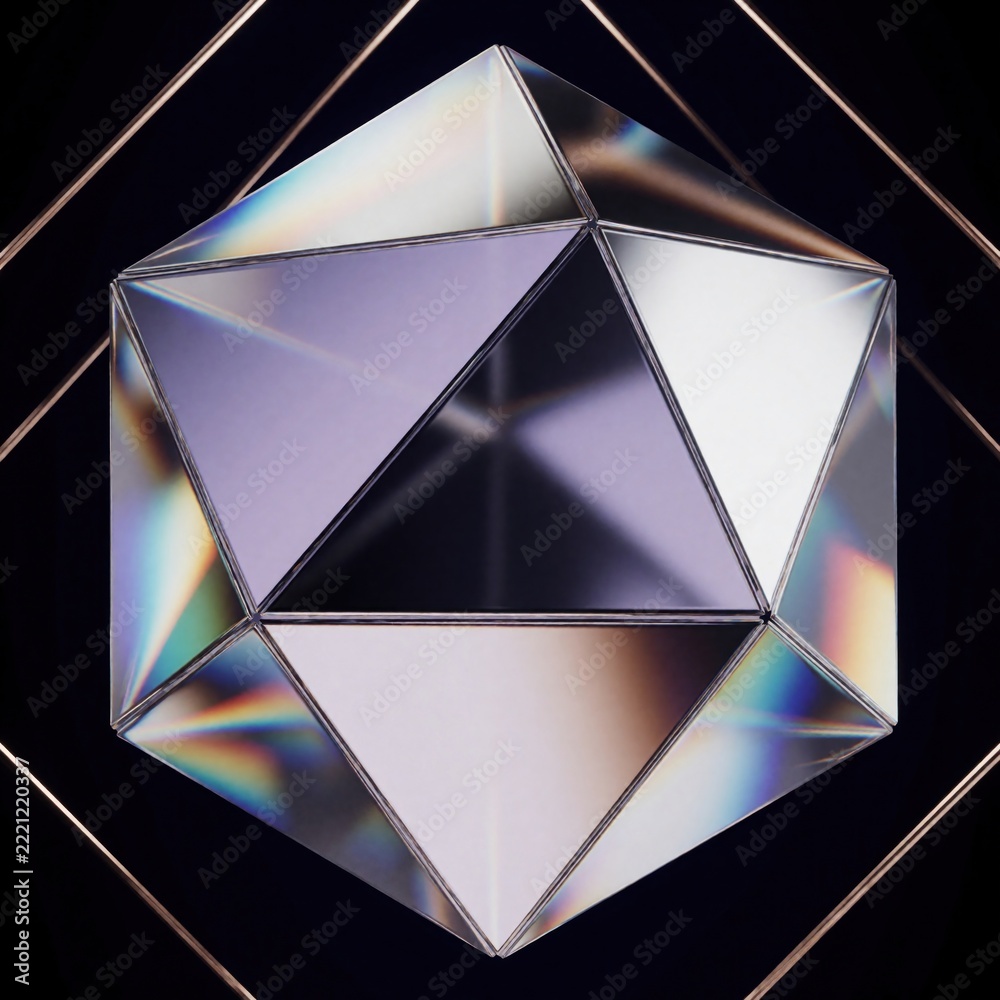 Fototapeta premium Abstract 3D icosahedron with reflective glass facets. Glowing iridescent light reflects on geometric polyhedron shape. Futuristic crystal structure shines in dark space. Minimalist digital art for