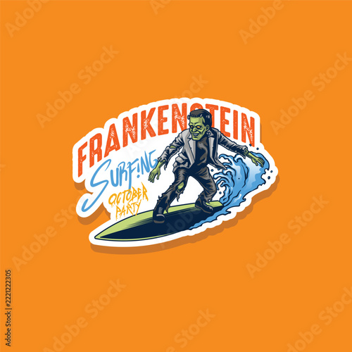 Halloween frankenstain surfing sticker design