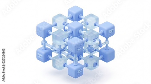 Cute 3D blue blockchain network nodes and cryptocurrency blocks connected in cyberspace