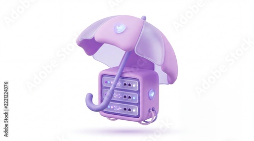 Cute 3D purple protective umbrella covering a secure server rack unit isolated on white background
