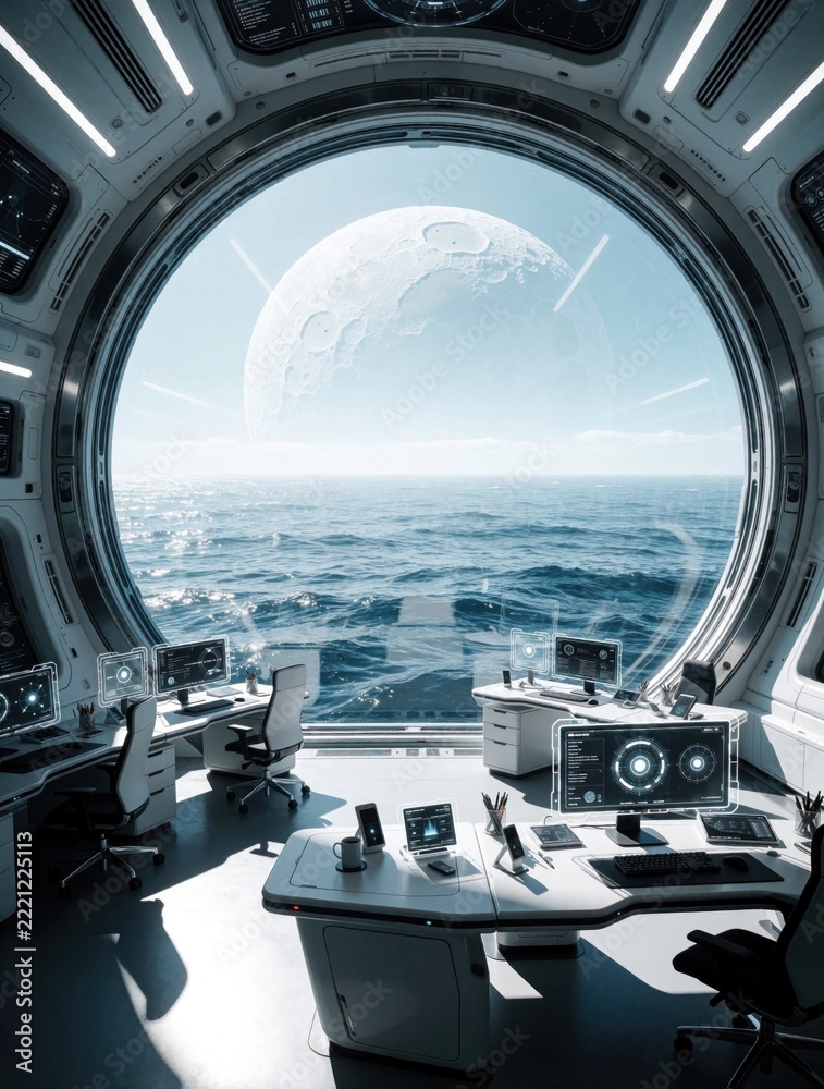 Fototapeta premium Futuristic office workspace inside lunar base moon station. Modern workstation with tech gear, computers overlooks calm blue ocean. Large circular window shows massive moon in sky. High tech interior