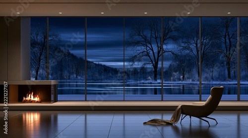 Two human silhouettes standing close together beside a floor-to-ceiling glass wall overlooking a quiet winter park at blue hour. Warm interior reflections on the wooden floor contrast with the cold