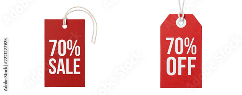 Two red shopping sale tags with seventy percent off label in white background tag price discount retail sign promotional event sales promotion