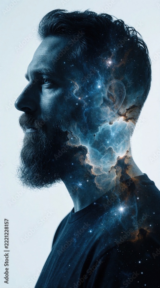 Fototapeta premium Double exposure portrait of bearded man merged with cosmic space. Male profile blends with blue nebula, bright stars, galaxy clouds. Surreal digital art shows human mind connection to universe, deep