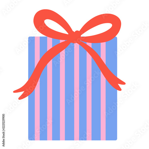 Cute blue and pink striped square gift box with a large red ribbon bow