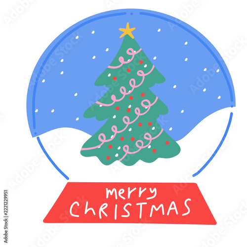Cute blue snow globe with decorated Christmas tree and Merry Christmas banner