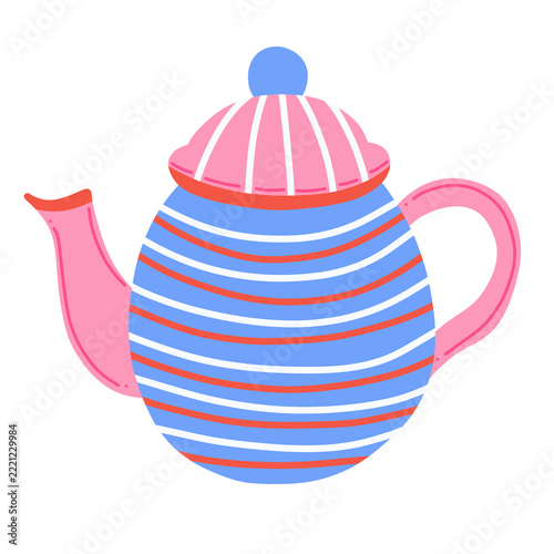 Cute blue and pink striped ceramic teapot with a lid and handle