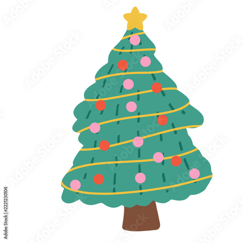 Cute green Christmas tree decorated with colorful ornaments and gold star