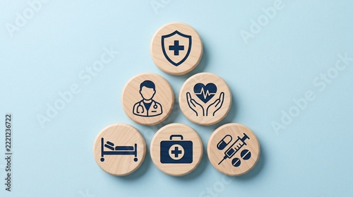 Healthcare service icons representing protection, care, wellness, support solutions.