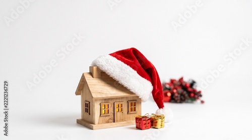 Festive miniature house with Santa hat celebrating holiday season.