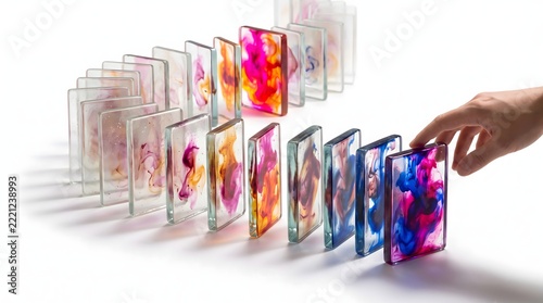 Human Hand Touching Colorful Ink Glass Domino Block Row on White Background