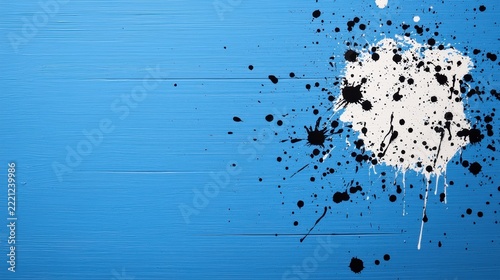 Blue painted wooden surface with scattered black ink splatters, centered around a white square patch.