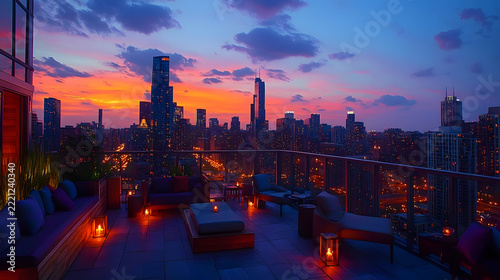 Rooftop terrace offers a panoramic perspective of the glowing metropolitan skyline during a vibrant sunset.