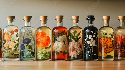 Glass bottles featuring delicate floral arrangements inside liquid create a natural aesthetic for interior decor or boutique branding displays.