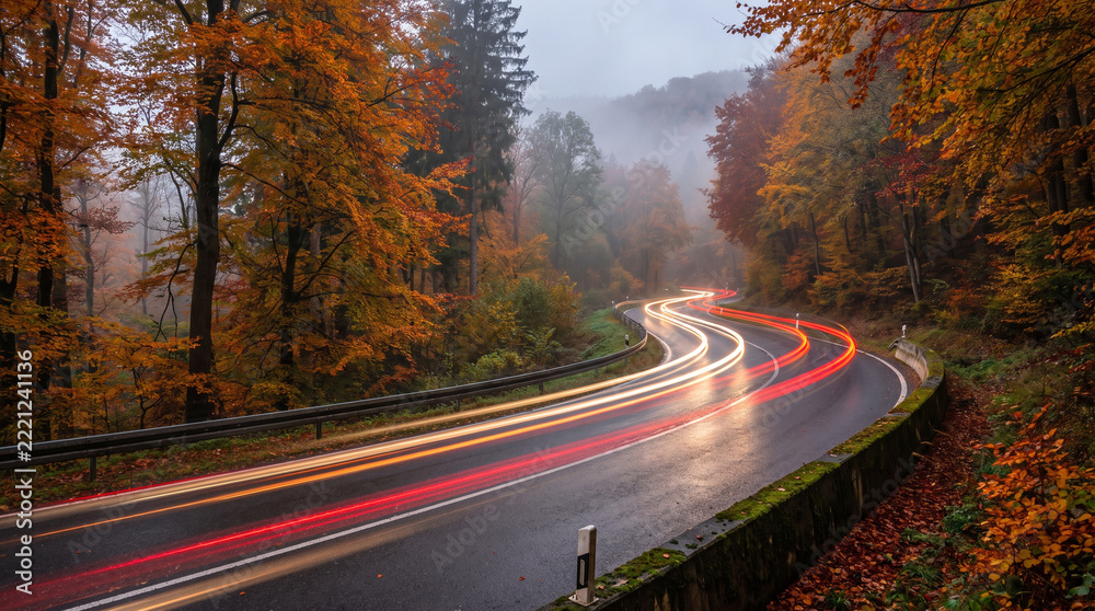 Fototapeta premium Winding road with colorful car light trails through autumn forest during a misty, rainy day.