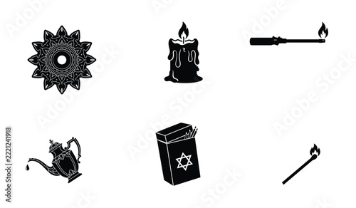 Black Hanukkah candle icon set with light sources for traditional holiday graphics